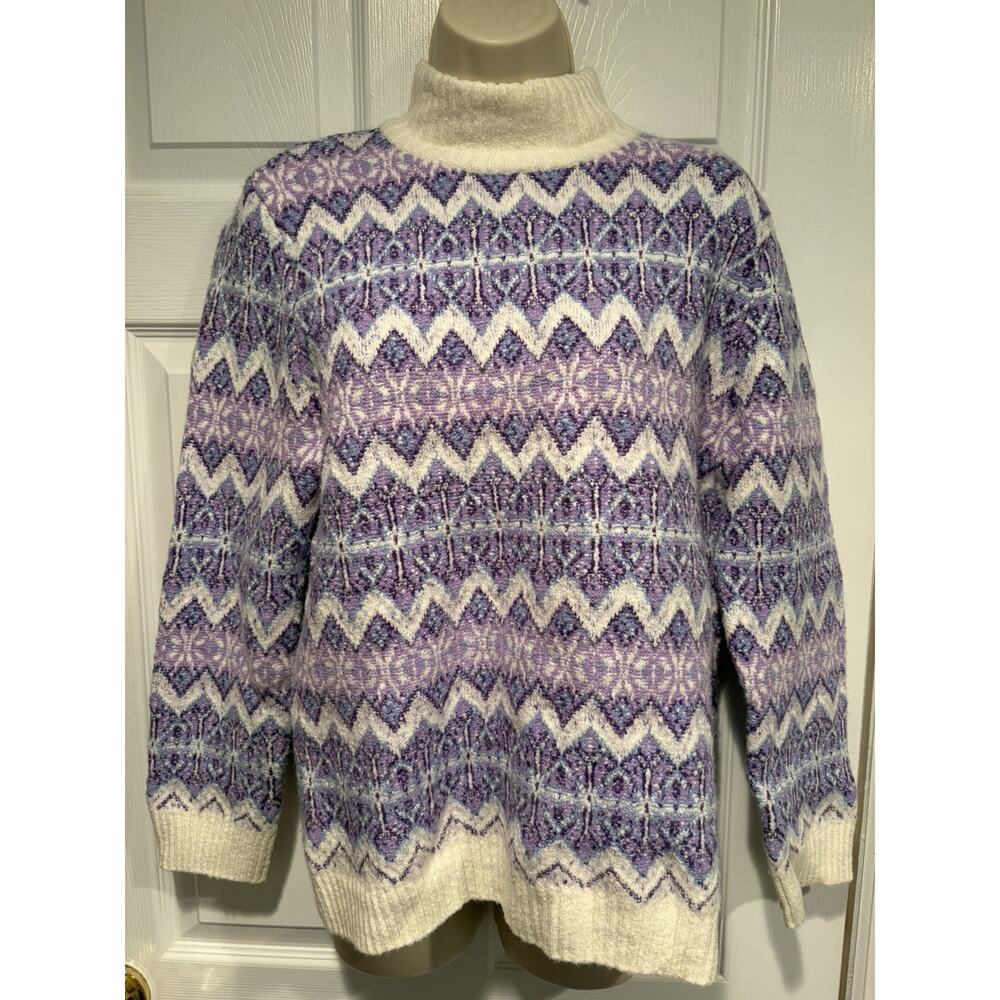 Talbots Petite Fair Isle Turtleneck Sweater Sz MP Purple White Nordic Knit Cozy